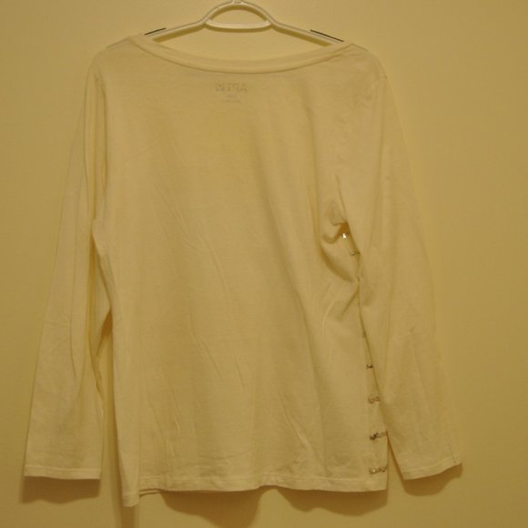Apt 9 Womens White Top With Silver Sequins Lines Long Sleeve Size Large - Picture 2 of 9